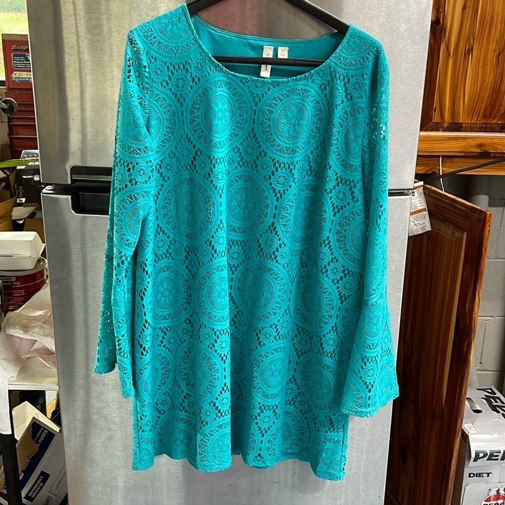 TACERA | TEAL LACE DRESS WOMENS , XL LONG BELL SLEEVE LAGENLOOK, Boho, summer